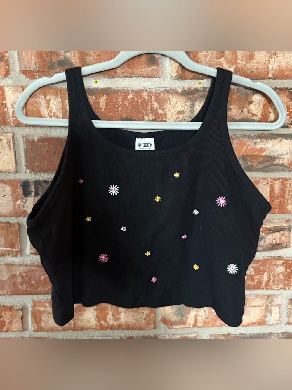 PINK Victoria's Secret Black Cropped Tank with Daisy Embroidery
